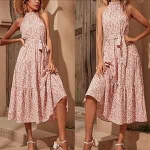 Boho floral print halter belted midi dress